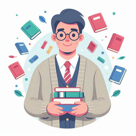 Teacher holding books in his hands. Vector illustration in cartoon style.のイラスト素材