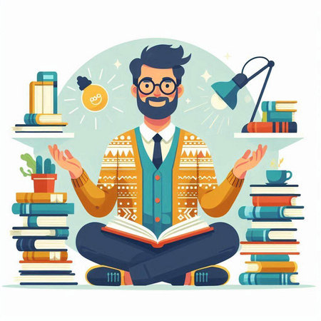 Man sitting in lotus pose and reading a book. Vector illustrationのイラスト素材