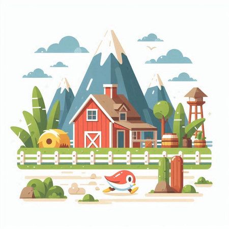 Countryside landscape with cottage and bird in flat style. Vector illustrationのイラスト素材
