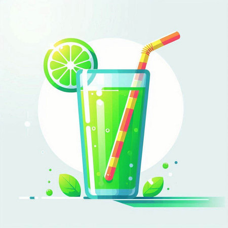 Vector illustration of green smoothie with straws and lime in flat styleのイラスト素材