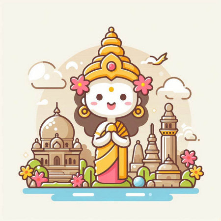Buddhist temple. Vector illustration of cute cartoon buddha.のイラスト素材
