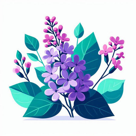 Lilac branch with purple flowers and leaves. Vector illustration.のイラスト素材