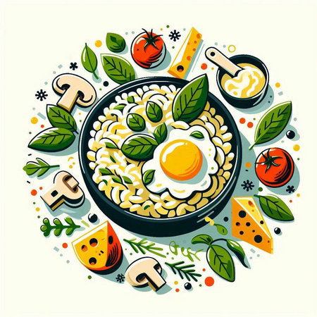 Vector illustration of oatmeal porridge with fried egg, vegetables, cheese, herbs and spices.のイラスト素材