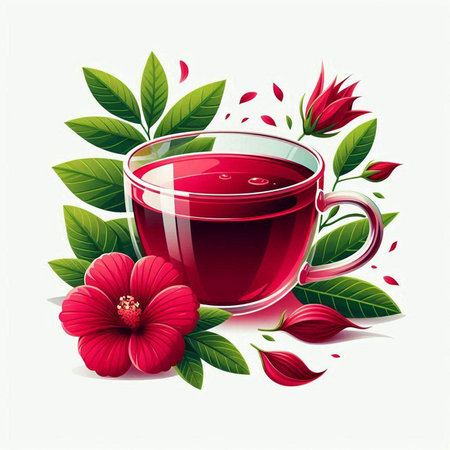 Cup of hibiscus tea with red flowers and leavesのイラスト素材
