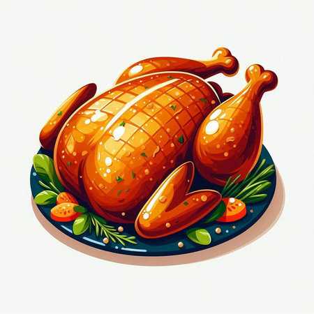 Illustration of a roasted turkey on a plate with herbs and spicesのイラスト素材