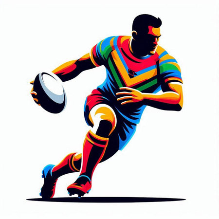 Rugby player with a ball in action. Vector illustration.のイラスト素材
