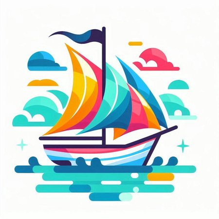 Colorful sailboat on the sea. Vector illustration in flat styleのイラスト素材