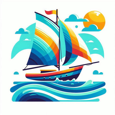 Sailing boat in the sea. Vector illustration in flat style.のイラスト素材