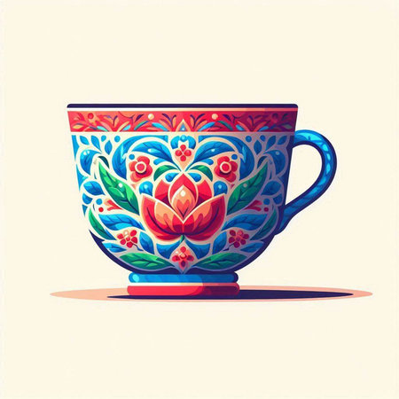 Ceramic cup with floral ornament on a white background. Vector illustration.のイラスト素材