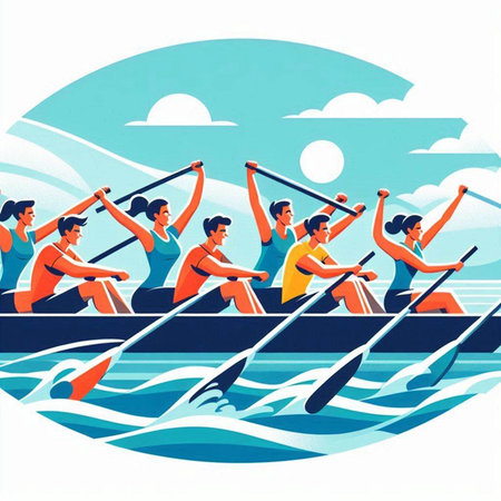 Group of young people rowing in the sea. Vector illustration.のイラスト素材