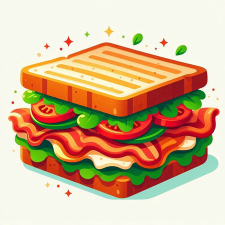 Sandwich with ham, cheese, tomato and lettuce. Vector illustration.のイラスト素材