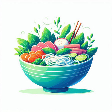 Bowl of noodle with vegetables and herbs. Vector illustration.のイラスト素材