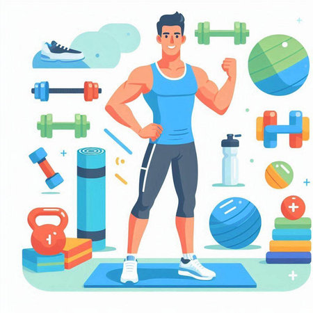 Fitness man doing exercises with dumbbells. Vector illustration in flat styleのイラスト素材
