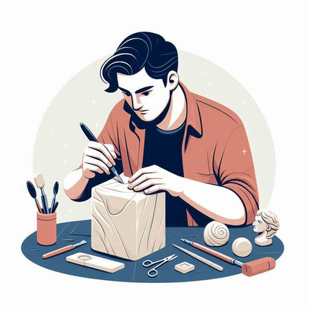 Vector illustration of a young man making a gift box. Handsome man making a gift box.のイラスト素材