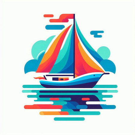 Sailing boat on the sea. Vector illustration in a flat styleのイラスト素材