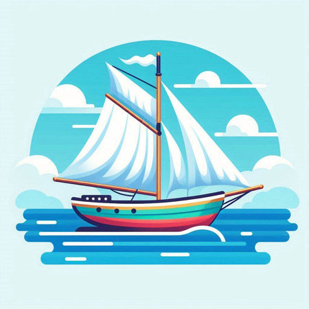 Sailing boat on the sea. Vector illustration in flat style.のイラスト素材