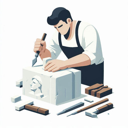 Carpenter working in his workshop. Vector illustration in cartoon style.のイラスト素材