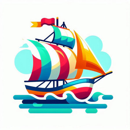 Sailing ship with sails in the sea. Colorful vector illustration.のイラスト素材