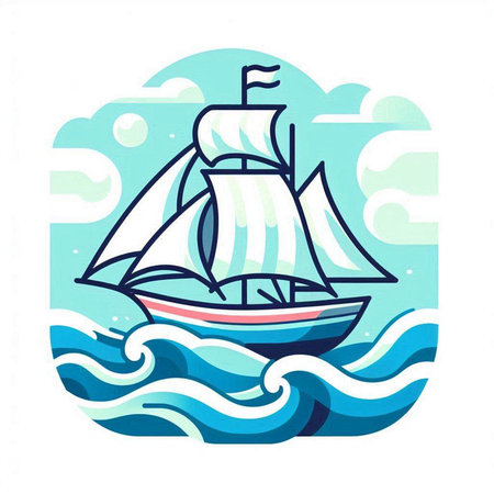 Sailing ship in the sea. Vector illustration in flat style.のイラスト素材