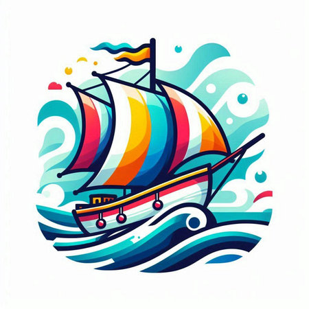 Sailing ship with colorful sails on the waves. Vector illustration.のイラスト素材