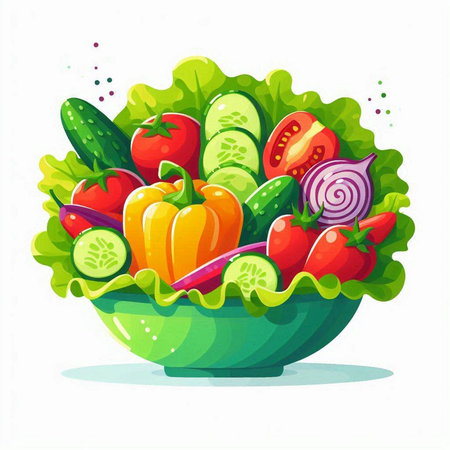 Fresh vegetable salad in a bowl isolated on white background. Vector illustration.のイラスト素材