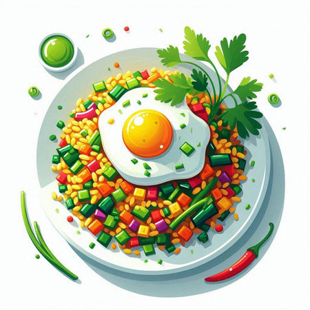 Fried egg with vegetables and greens on plate. Vector illustration.のイラスト素材