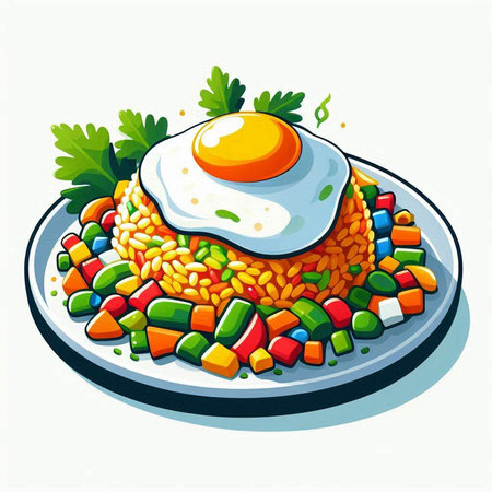 Rice with fried egg and vegetables on plate. Vector illustration.のイラスト素材