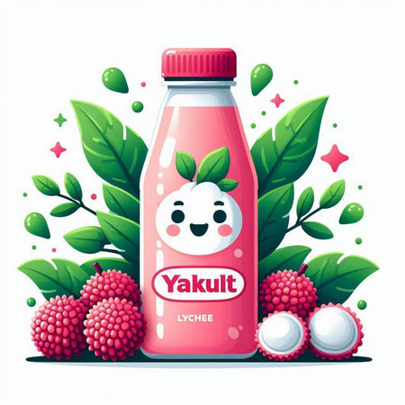 Litchi juice in a bottle with fruits. Vector illustration.のイラスト素材