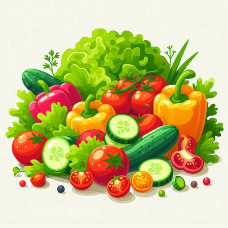 Vegetables vector illustration. Vegetarian food background with fresh vegetables.のイラスト素材