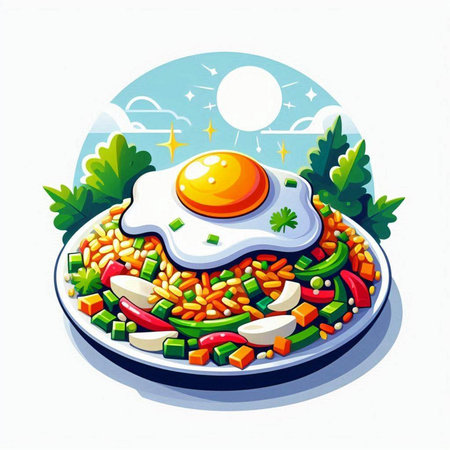 Fried egg with vegetables and herbs on a plate. Vector illustration.のイラスト素材