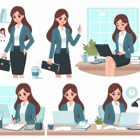 Set of business woman cartoon character in different poses. Vector illustration.のイラスト素材