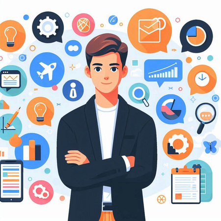 Vector illustration of businessman in flat style with icons on colorful background. Business concept.のイラスト素材