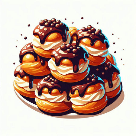 Illustration of a stack of donuts with chocolate syrup on a white backgroundのイラスト素材