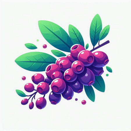 Bunch of ripe blueberries with green leaves. Vector illustration.のイラスト素材
