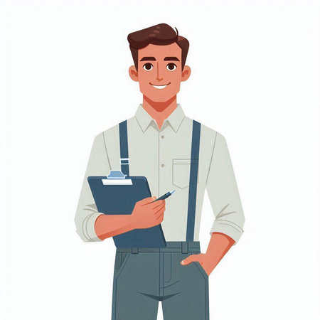 Handsome man in overalls and suspenders holding clipboard and pen. Vector illustrationのイラスト素材