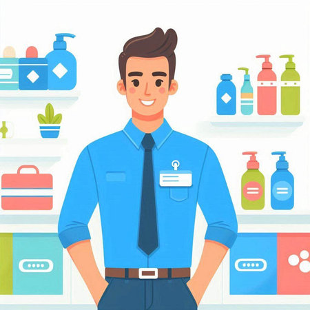 Male pharmacist in drugstore. Cartoon illustration of male pharmacist in drugstoreのイラスト素材