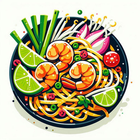 Noodles with shrimps, vegetables and herbs. Vector illustration.のイラスト素材