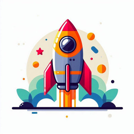 Space rocket on white background. Vector illustration in flat cartoon style.のイラスト素材