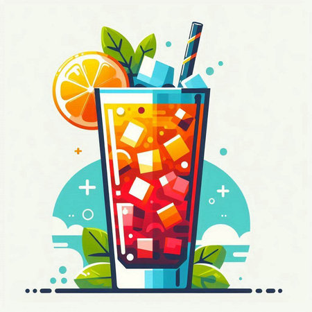 Cocktail with ice cubes, orange and mint. Vector illustration.のイラスト素材
