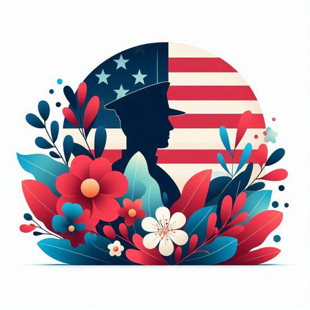 American Flag with Woman Silhouette and Flowers. Vector Illustration.のイラスト素材