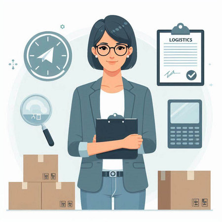 Businesswoman holding clipboard with checklist, magnifying glass and cardboard boxes. Vector illustrationのイラスト素材