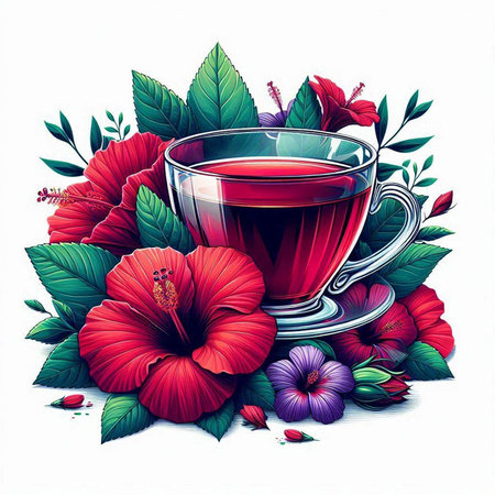 Hibiscus tea with flowers and leaves, vector illustration.のイラスト素材