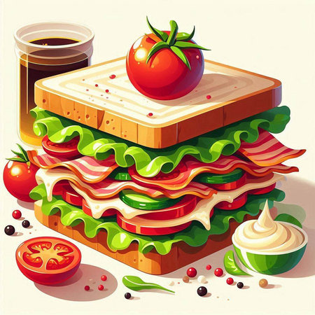 Sandwich with ham, cheese, tomato and sauce. Vector illustrationのイラスト素材