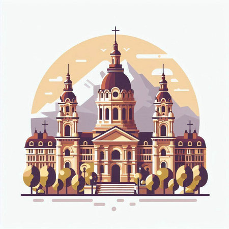 Church in the center of the city. Vector illustration in flat styleのイラスト素材