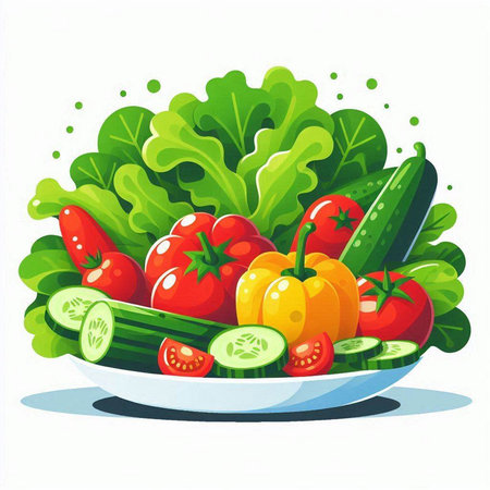 Fresh vegetables in a plate isolated on white background. Vector illustration.のイラスト素材