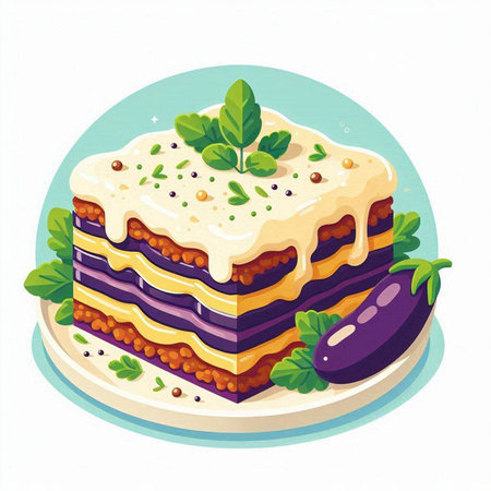 Illustration of a layered lasagna with eggplant and parsleyのイラスト素材