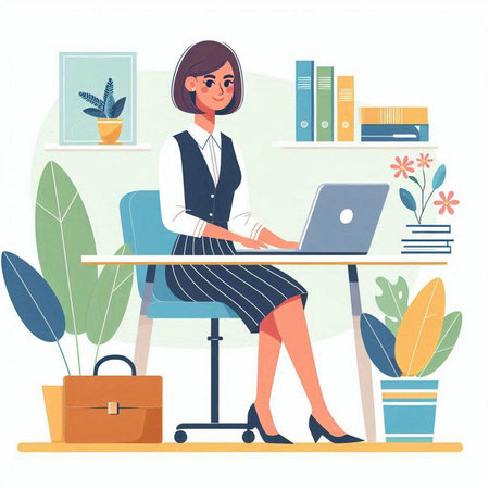 Businesswoman working on laptop at the office. Flat vector illustration.のイラスト素材