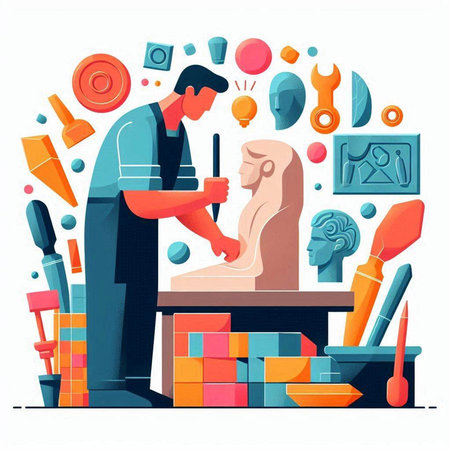 Flat vector illustration of a man working at a stone carving studio.のイラスト素材