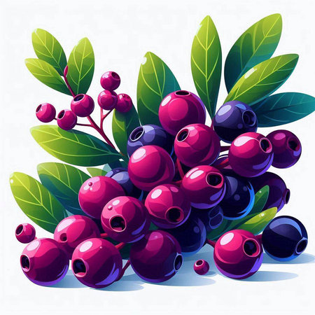 Bunch of ripe blueberries with green leaves. Vector illustration.のイラスト素材