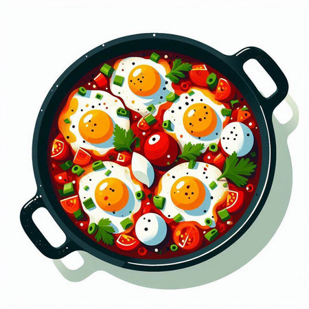 Fried eggs with vegetables in a frying pan. Vector illustration.のイラスト素材